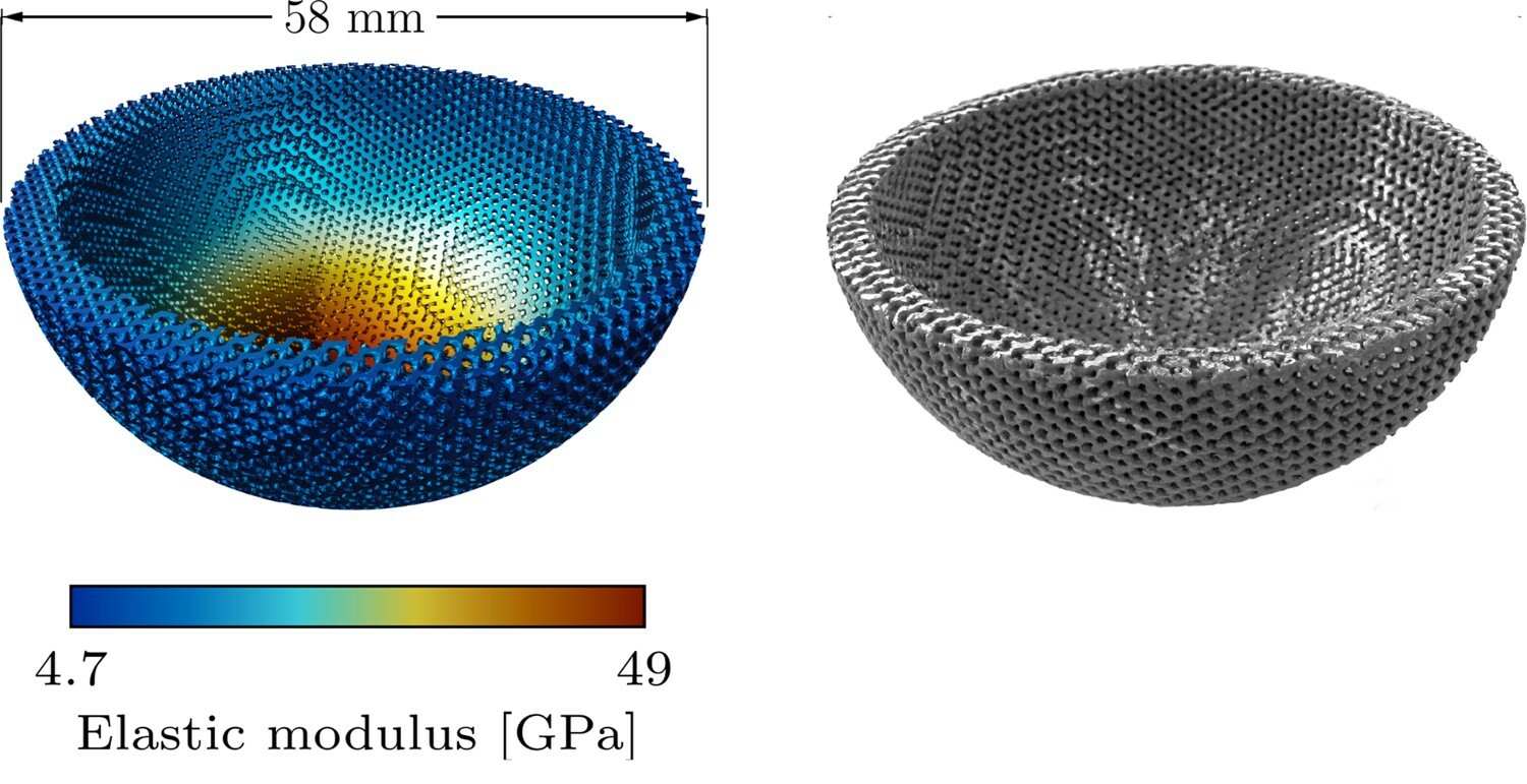 Titanium acetabular implant infilled by skeletal gyroid microstructure with varying volume fraction to match a desired apparent stiffness distribution 