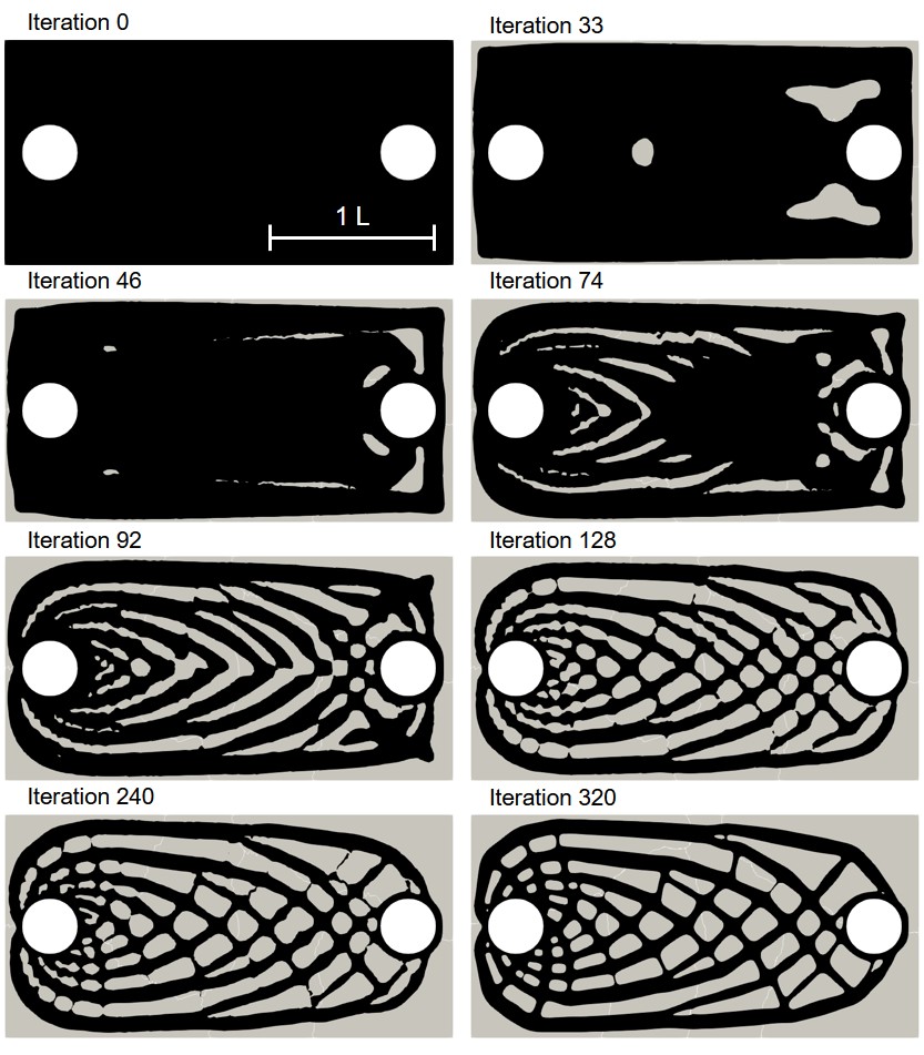 Evolution of the topology optimization level-set function to get the optimized shape for case 1, in which a local volume constraint was imposed.