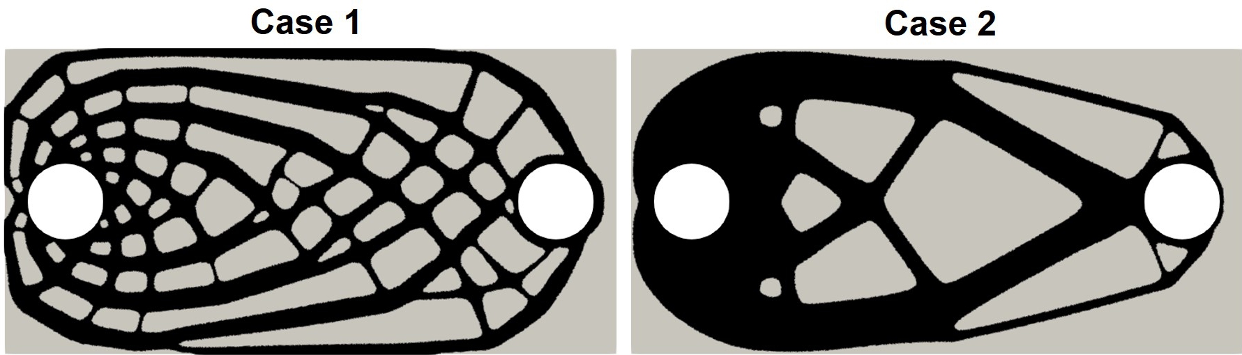 Topology optimization output to be used in the biodegradation simulations. The black region depicts the optimized material distribution, and the gray zone is the void space. 