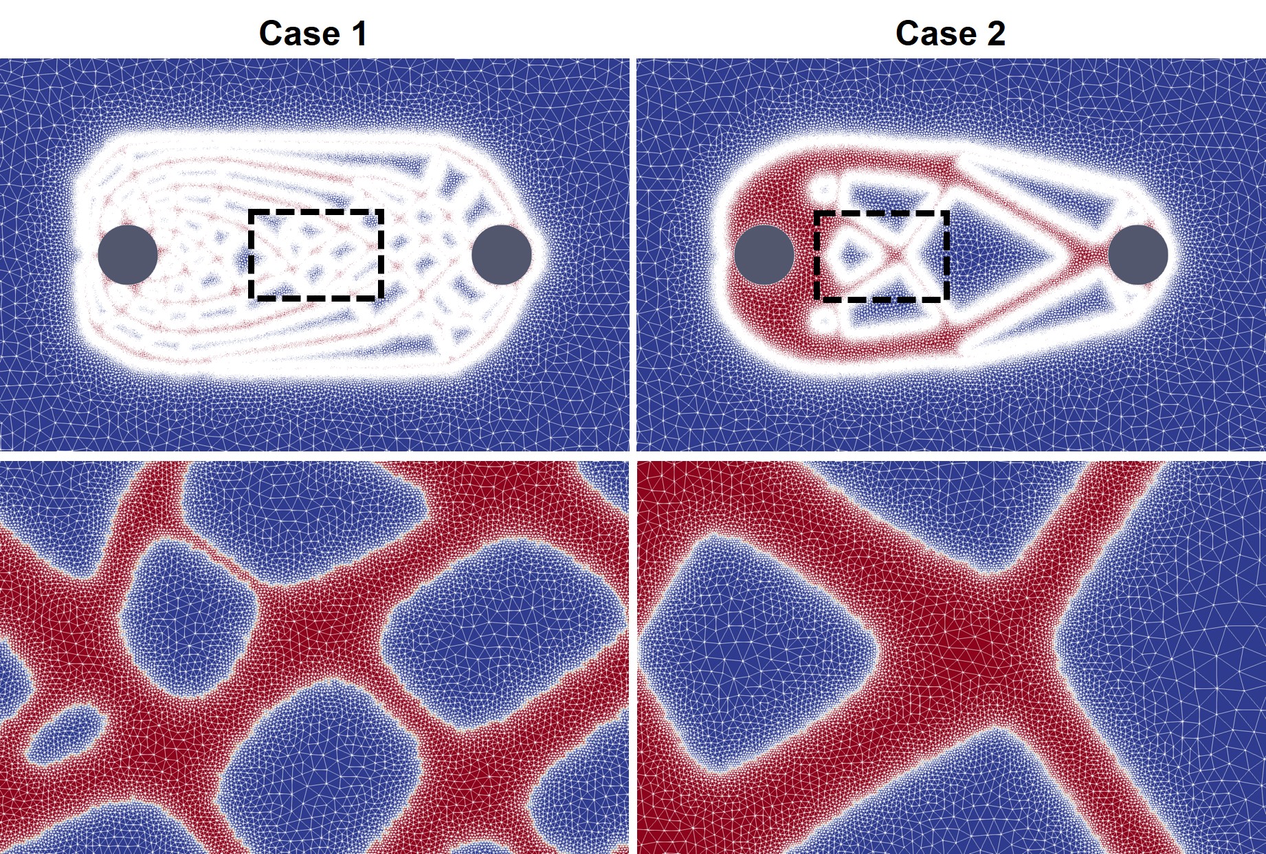 Computational mesh for the biodegradation simulations resulted from mapping the TO process output to a bigger domain and refining the mesh on the surface of the lattice. The lower row shows the zoomed view of the regions denoted by the dashed rectangle.