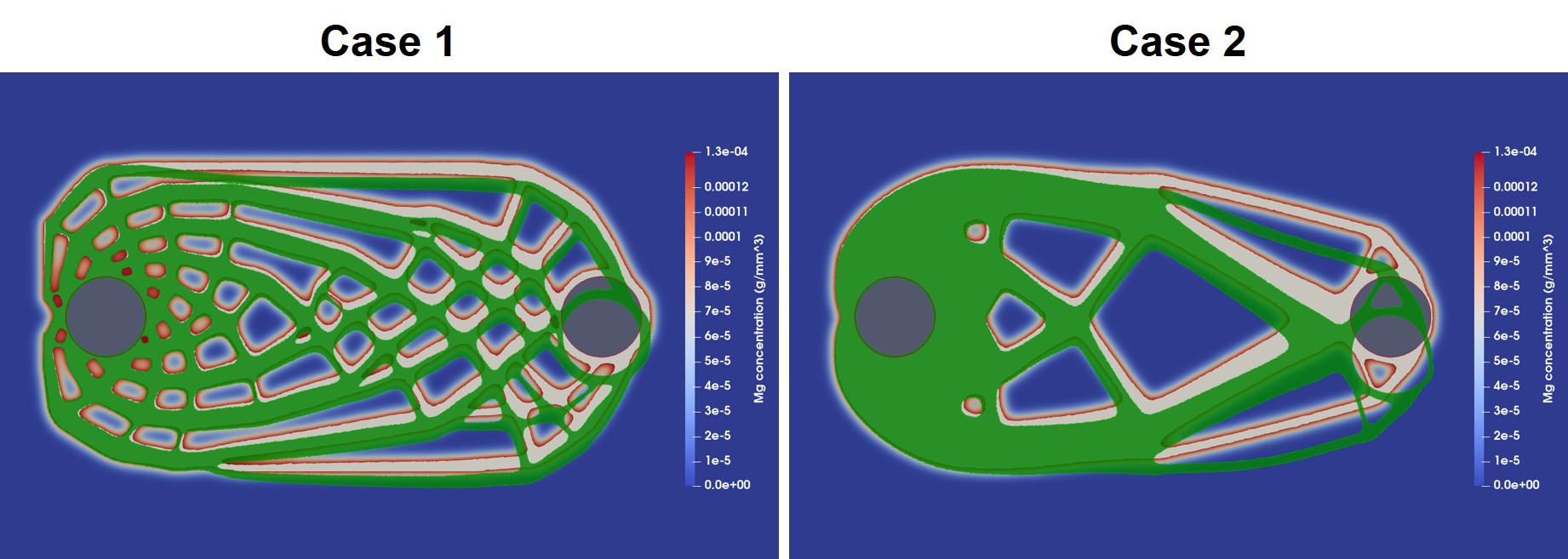 Coupled model results showing the structural analysis taking place during the biodegradation simulation. The green surface shows the deformed infilled structure, and the light gray surface is the state of the morphology during biodegradation. The contour part shows the concentration of metallic ions as being released from the surface of the degrading part.