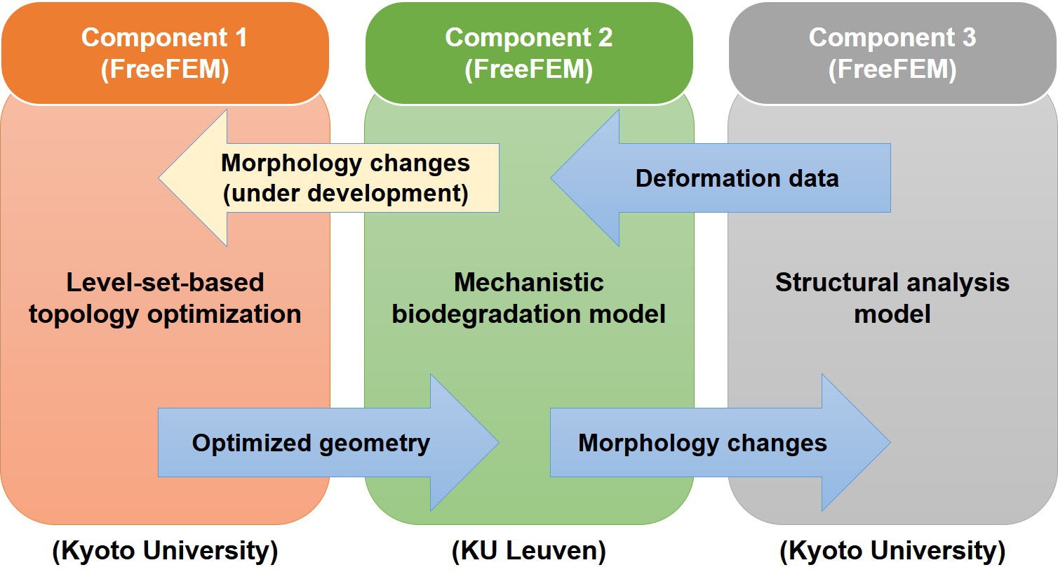 Computational workflow of the coupled TO-biodegradation model, showing how individual components are connected, the programming languages and tools used for the implementation, and the university at which each component is developed.